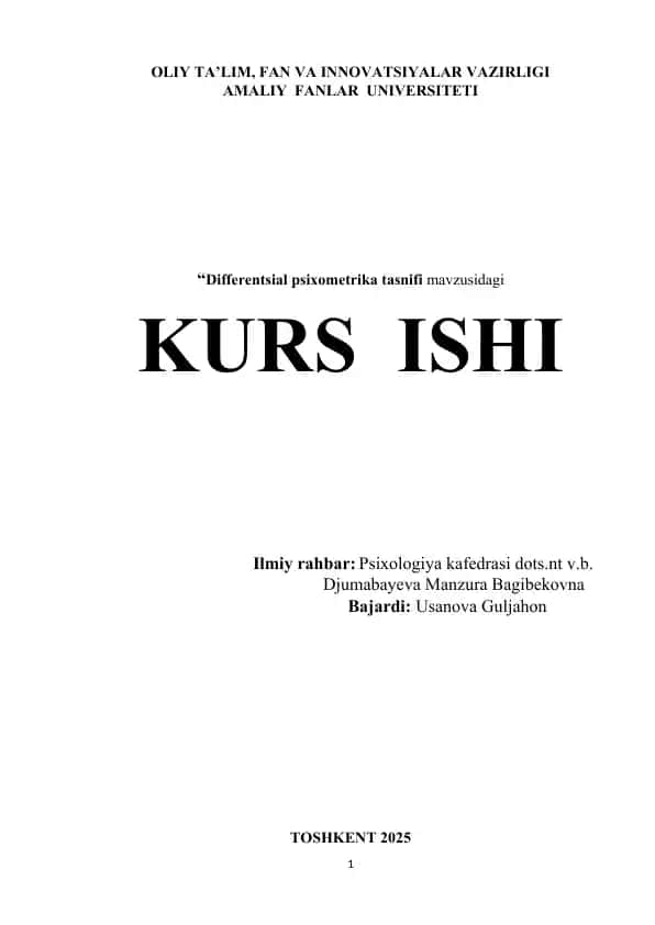 “Differentsial psixometrika tasnifi” KURS ISHI