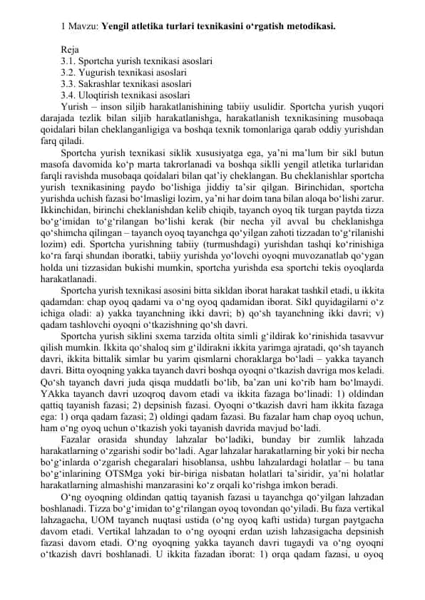 Yengil atletika turlari texnikasini o‘rgatish metodikasi