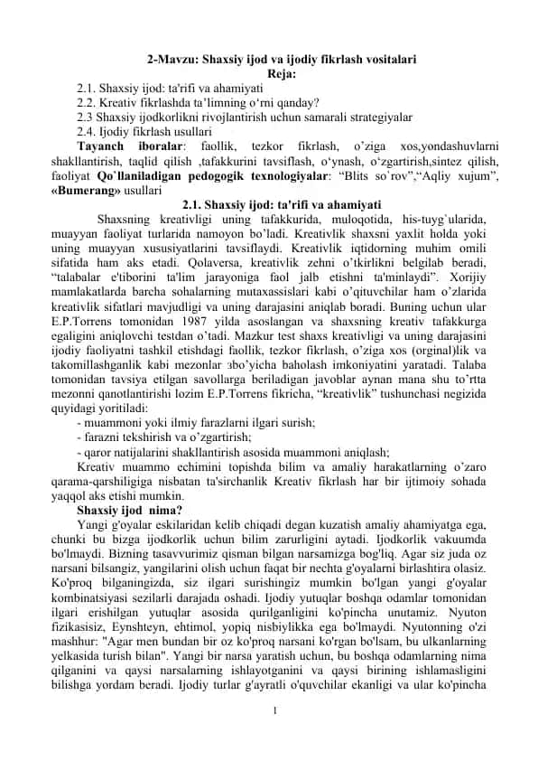 Shaxsiy Ijod va Ijodiy Fikrlash Vositalari