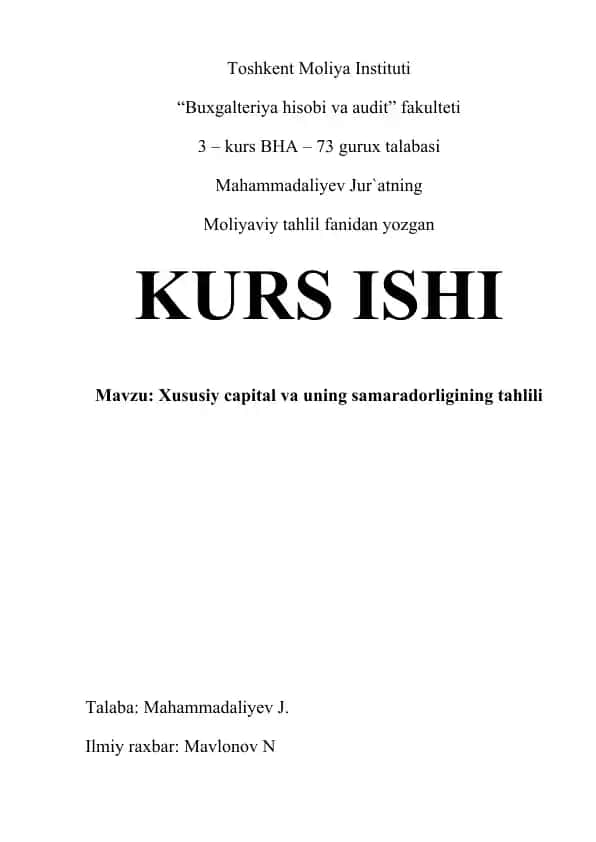 Xususiy capital va uning samaradorligining tahlili