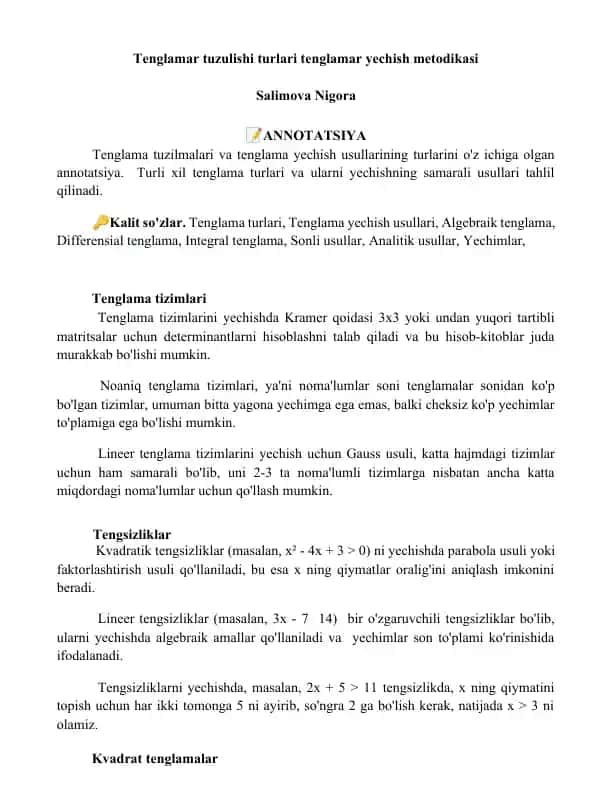 Tenglamar tuzulishi turlari tenglamar yechish metodikasi