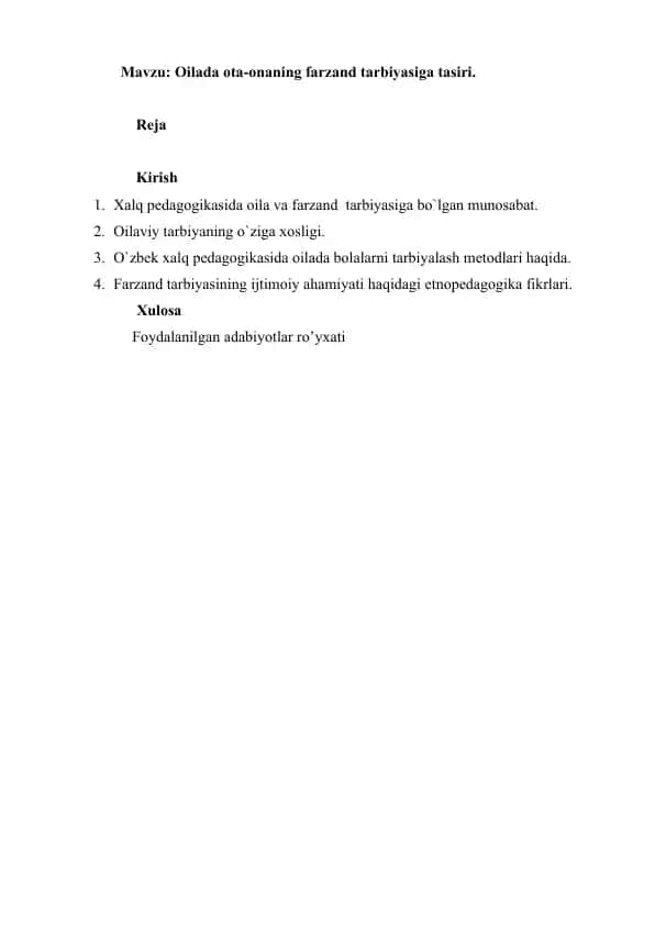 Xalq pedagogikasida oila va farzand tarbiyasiga tasiri