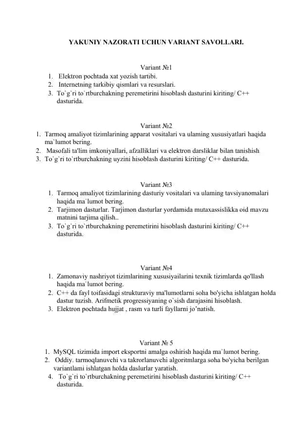 Yakuniy nazorati uchun variant savollari