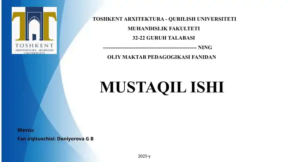 Oliy maktab pedagogikasi fanidan mustaqil ish