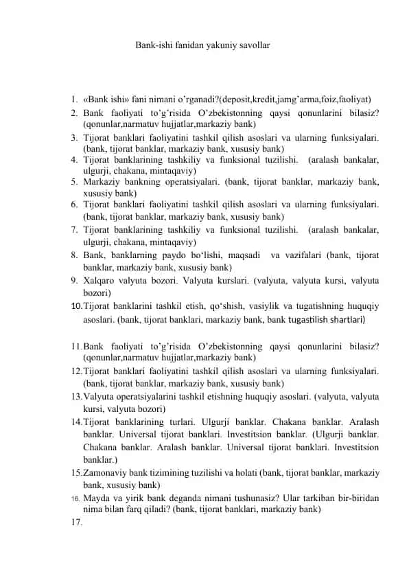 Bank-ishi fanidan yakuniy savollar