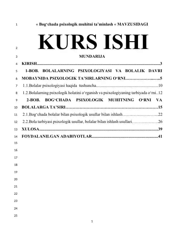Bog‘chada psixologik muhitni ta’minlash (kurs ishi)