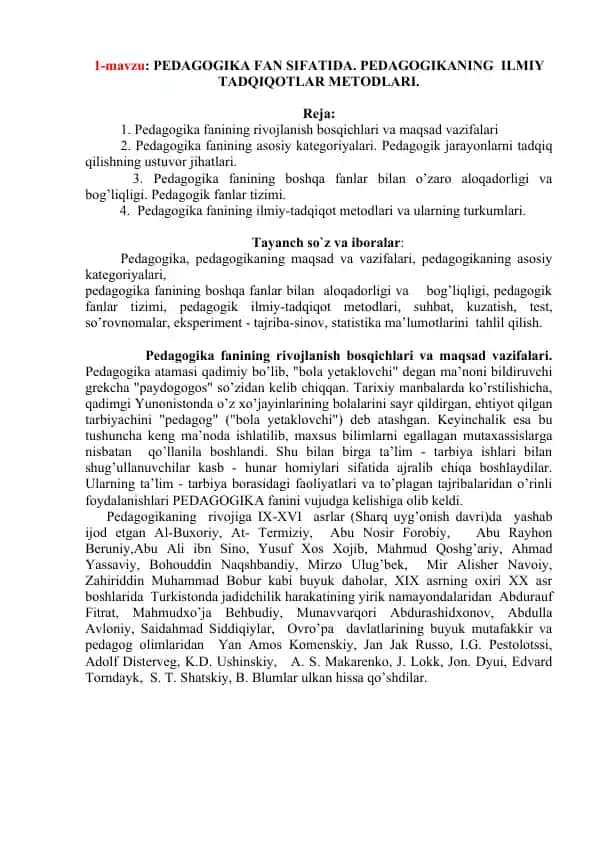 Pedagogika fanining ilmiy tadqiqotlar metodlari