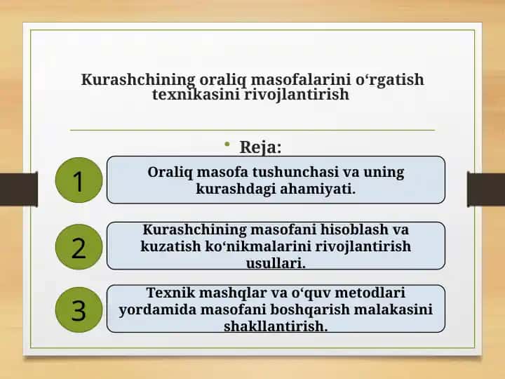 Kurashchining oraliq masofalarini o‘rgatish texnikasini rivojlantirish