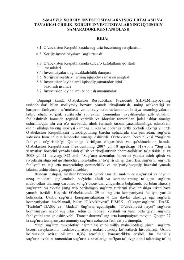 Hоrijiy invеstitisiyalarni sug'urtalash va tаvakkаlchilik
