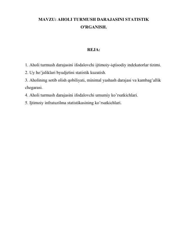 AHOLI TURMUSH DARAJASINI STATISTIK O'RGANISH