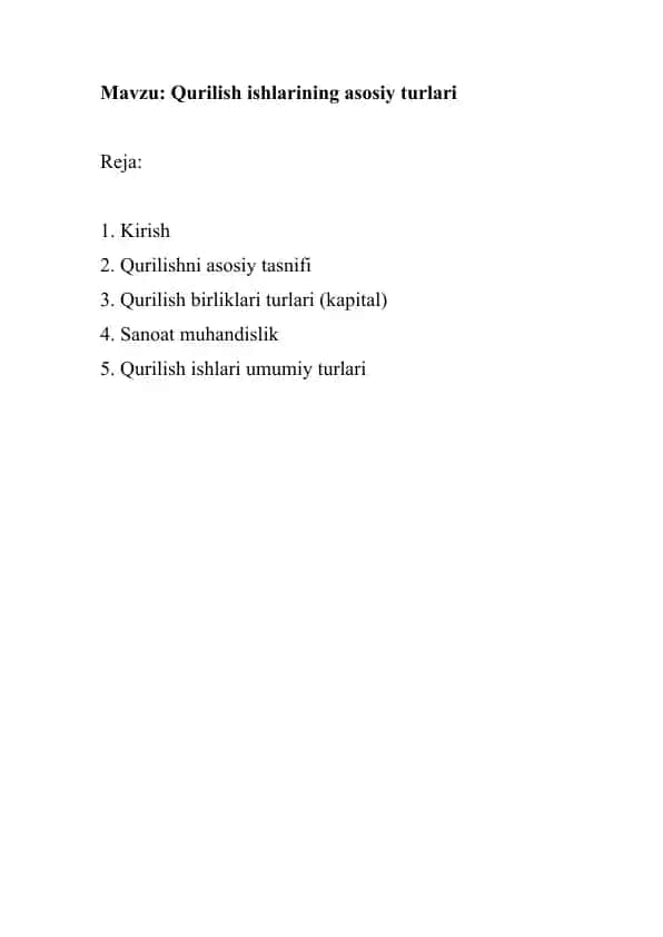 Qurilish ishlarining asosiy turlari