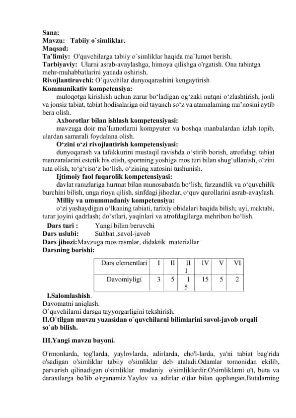 Tabiiy o`simliklar haqida ma`lumotlar
