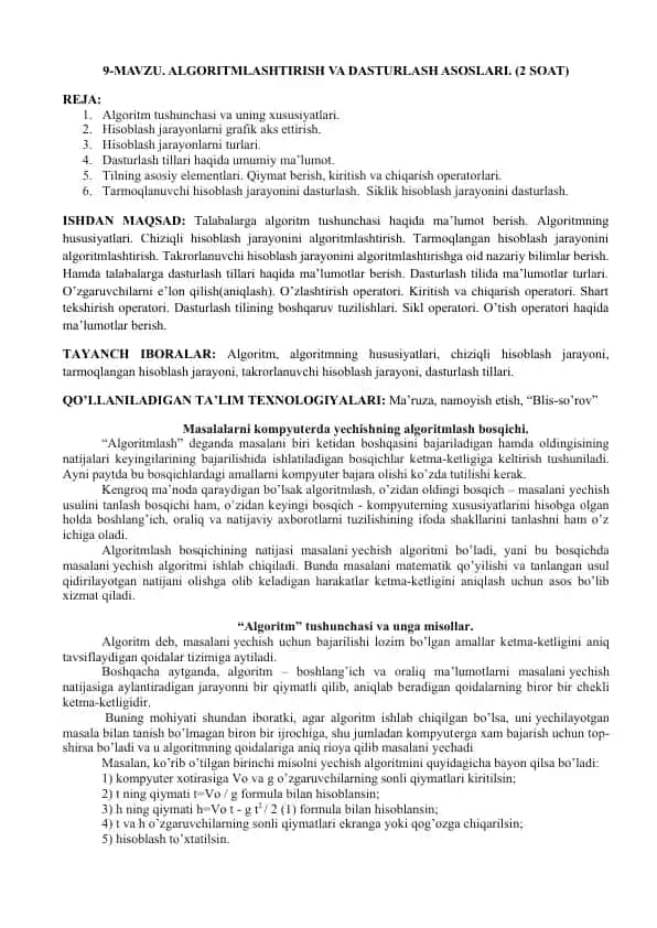 Algoritm tushunchasi va dasturlash asoslari