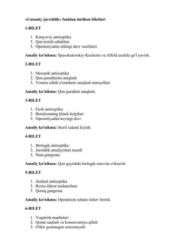 "Umumiy jarrohlik fanidan imtihon biletlari"