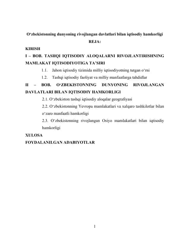 O‘zbekistonning dunyoning rivojlangan davlatlari bilan iqtisodiy hamkorligi