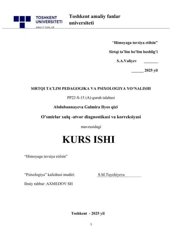 O’smirlar xulq -atvor diagnostikasi va korreksiyasi