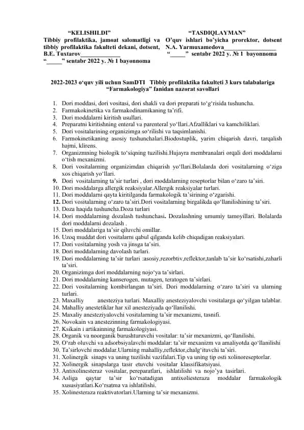 "Farmakologiya nazorat savollari"