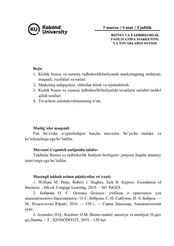 Biznes va tadbirkorlik faoliyatida marketing va tovarlarni sotish