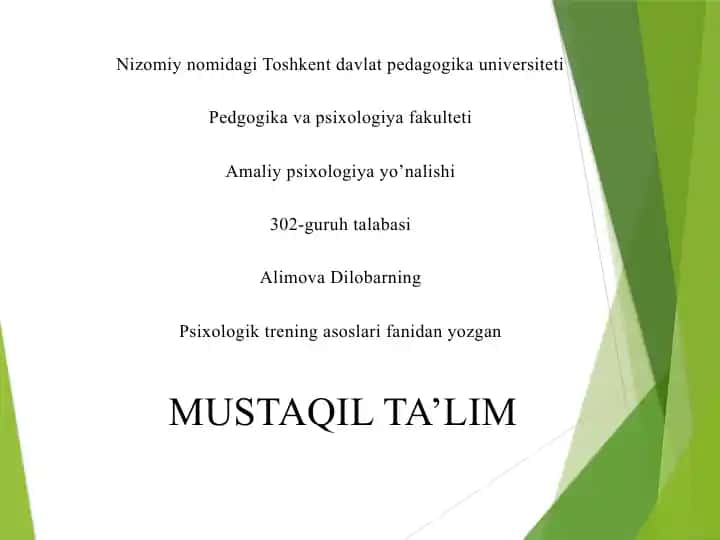 Psixologik trening asoslari fanidan yozilgan kitob