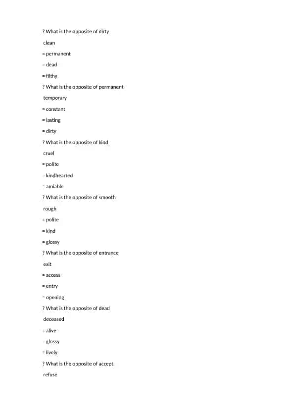 Opposites Vocabulary Test
