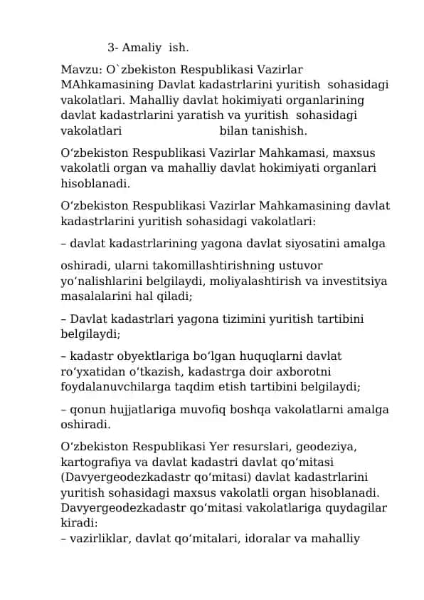 O`zbekiston Respublikasi Vazirlar MAhkamasining Davlat kadastrlarini yuritish sohasidagi vakolatlari