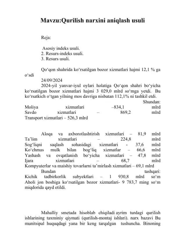 Qurilish narxini aniqlash usuli