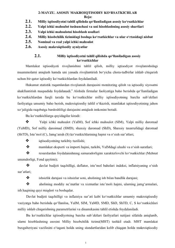 MAVZU. ASOSIY MAKROIQTISODIY KO‘RSATKICHLAR