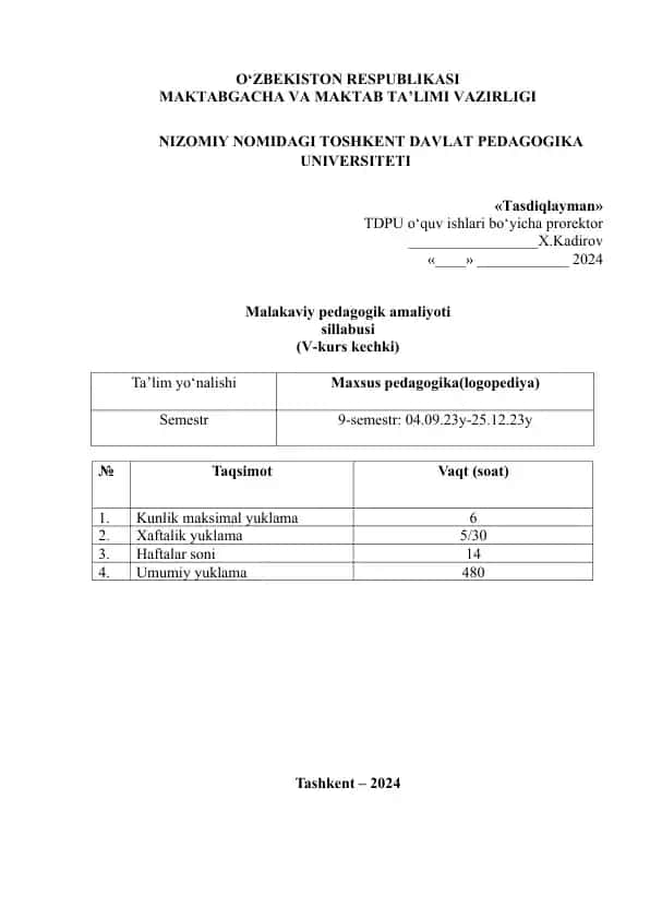 Malakaviy pedagogik amaliyoti sillabusi (V-kurs kechki)