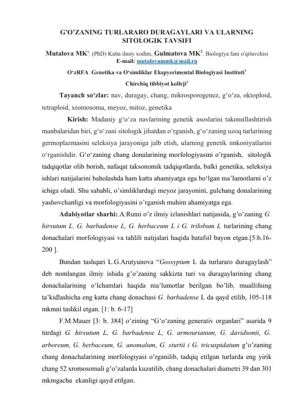 G'O’ZANING TURLARARO DURAGAYLARI VA ULARNING SITOLOGIK TAVSIFI