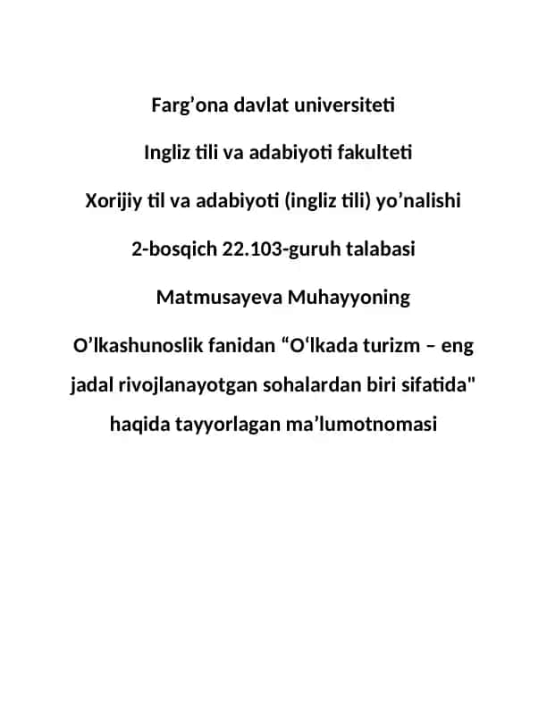 O‘lkada Turizm - Eng Jadal Rivojlanayotgan Sohalar