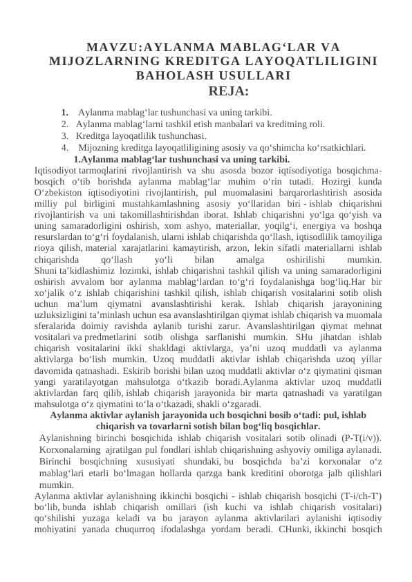 Aylanma Mablag‘lar va Mijozlarning Kreditga Layoqatliligini Baholash Usullari