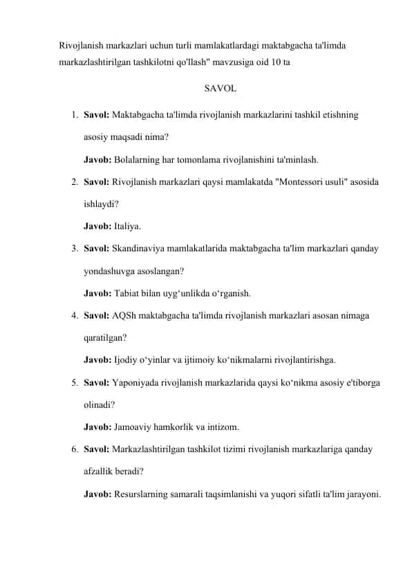 Rivojlanish markazlarini tashkil etish