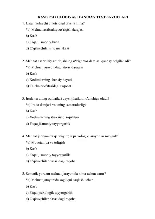Kasb Psixologiyasi fanidan Test Savollari