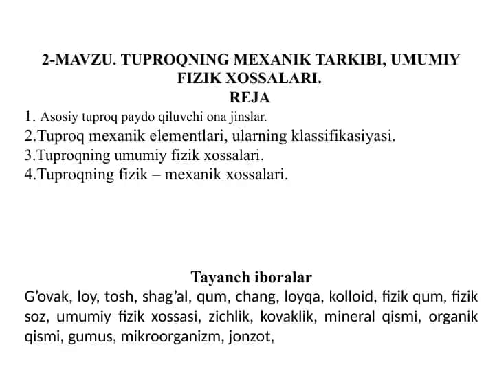 Tuproqning Mexanik Tarkibi va Umumiy Fizik Xossalari