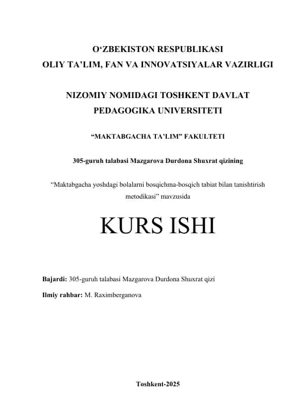 Maktabgacha yoshdagi bolalarni bosqichma-bosqich tabiat bilan tanishtirish metodikasi