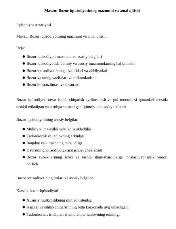 Bozor iqtisodiyotining mazmuni