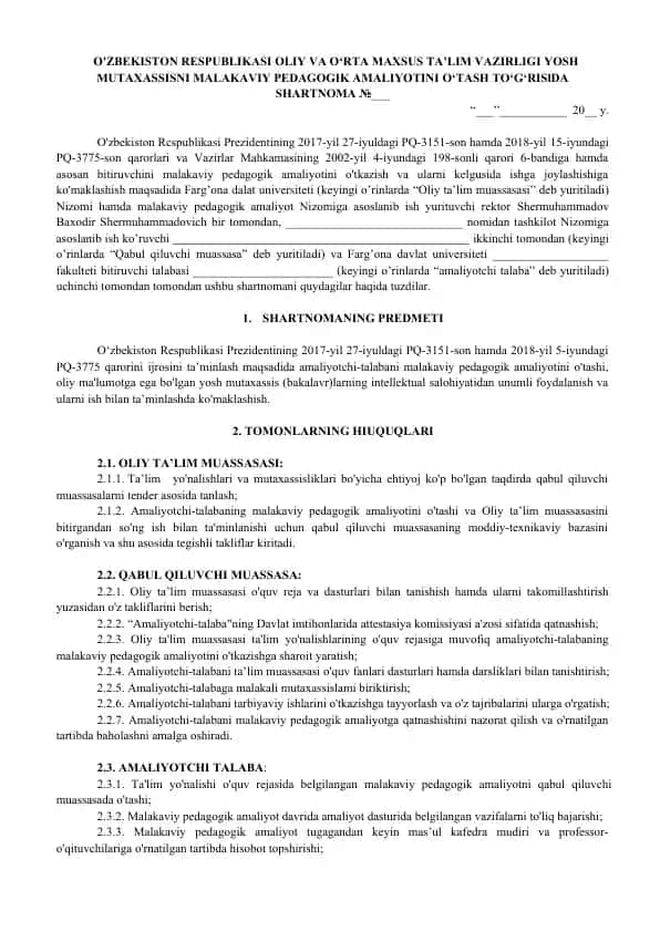 Yosh Mutaxassisni Malakaviy Pedagogik Amaliyotini O‘tash to‘g‘risida Shartnoma