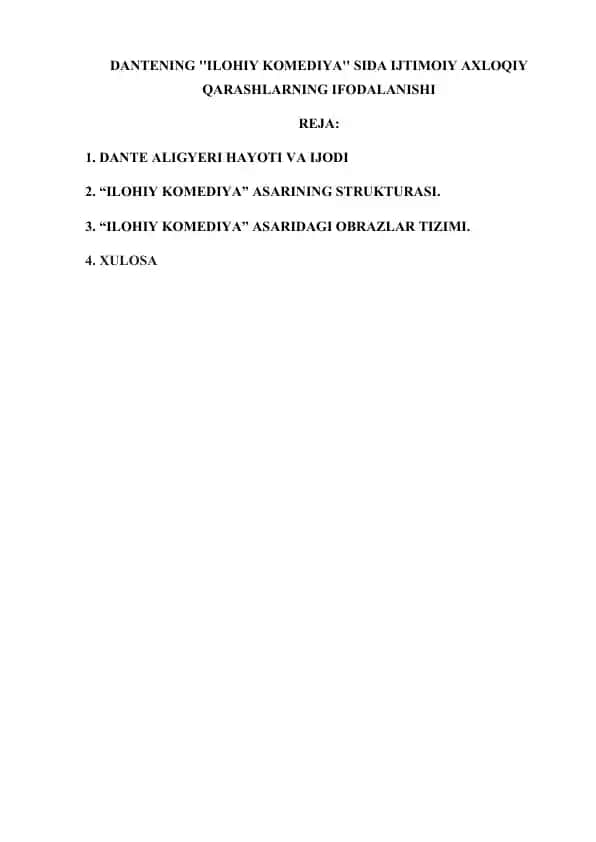 DANTENING ''ILOHIY KOMEDIYA'' SIDA IJTIMOIY AXLOQIY QARASHLARNING IFODALANISHI