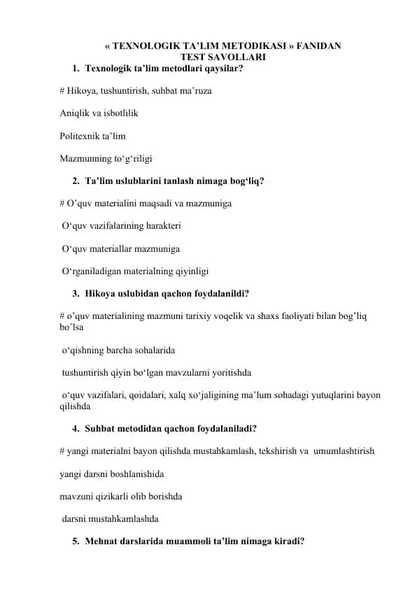 Texnologik ta’lim metodikasi test savollari