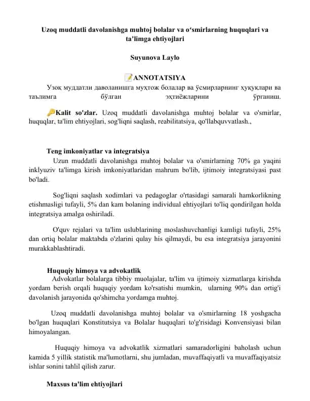 Uzoq muddatli davolanishga muhtoj bolalar va oʻsmirlarning huquqlari va taʼlimga ehtiyojlari