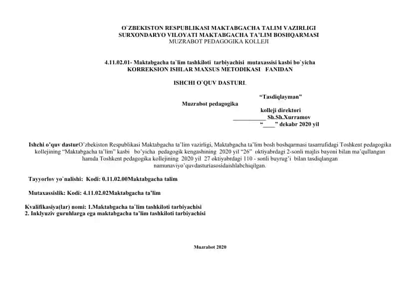 Korrektsion ishlar maxsus metodikasi faniga ajratilgan o'quv dasturi