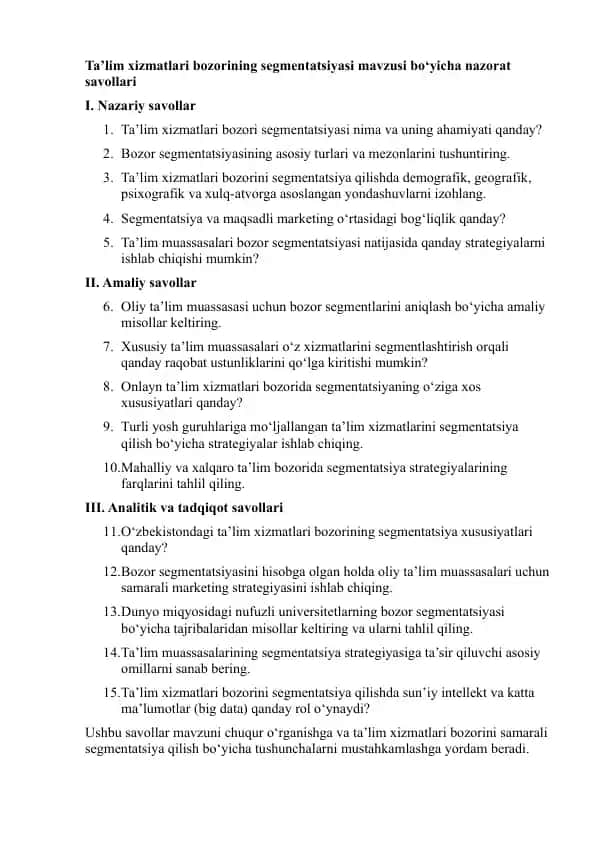 Ta'lim xizmatlari bozorining segmentatsiyasi