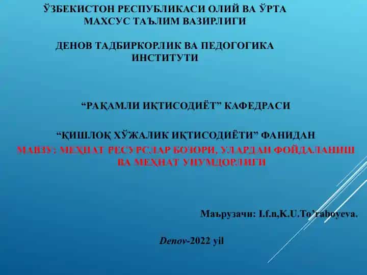 МЕҲНАТ РЕСУРСЛАР БОЗОРИ, УЛАРДАН ФОЙДАЛАНИШ ВА МЕҲНАТ УНУМДОРЛИГИ