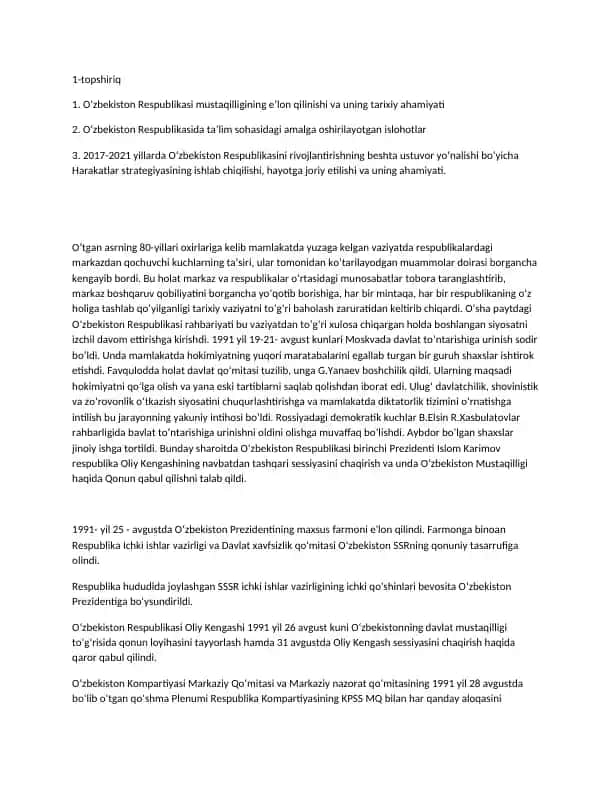 1-topshiriq: O‘zbekiston Respublikasi mustaqilligining e’lon qilinishi va ta’lim sohasidagi islohotlar