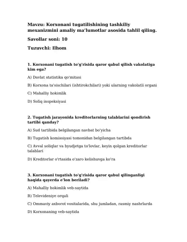 Korxonani tugatilish tashkiliy mexanizmi