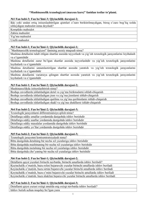 Mashinasozlik texnologiyasi (maxsus kurs) fanidan testlar to’plami