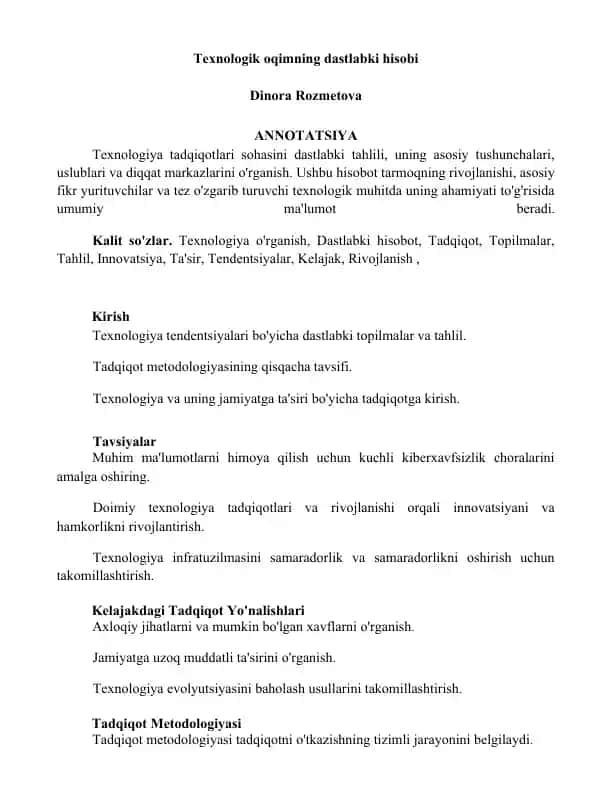 Texnologik oqimning dastlabki hisobi