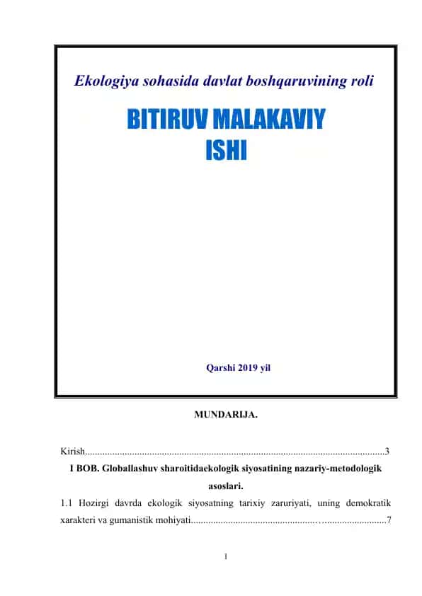 Ekologiya sohasida davlat boshqaruvining roli