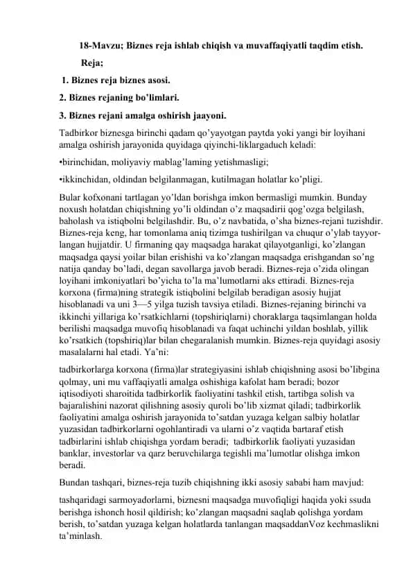 Biznes reja ishlab chiqish va muvaffaqiyatli taqdim etish