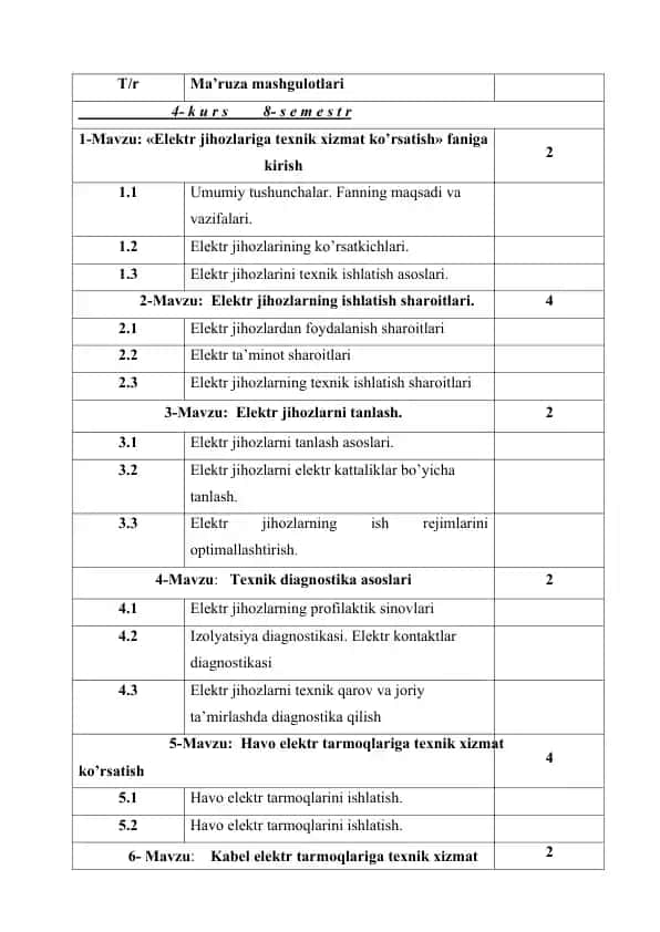 Elektr jihozlariga texnik xizmat ko’rsatish mashgulotlari